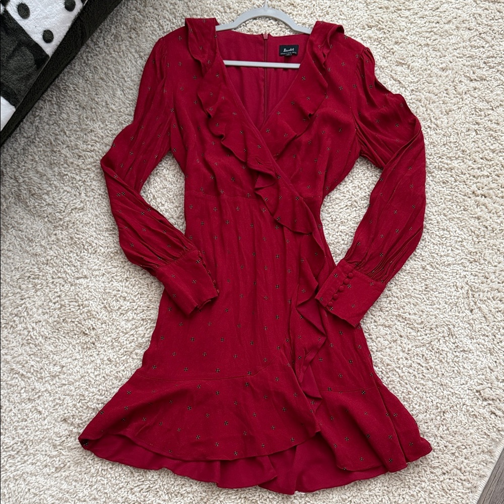 Bardot Deep Red Long Sleeve Ruffle Dress